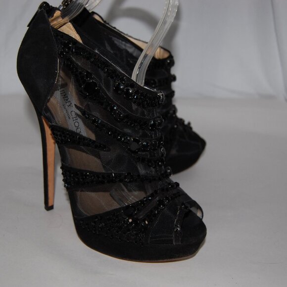 US8.5❤️ Jimmy Choo Black Suede High Heels Ankle Crystal Platform Boots ITALY - Picture 13 of 15